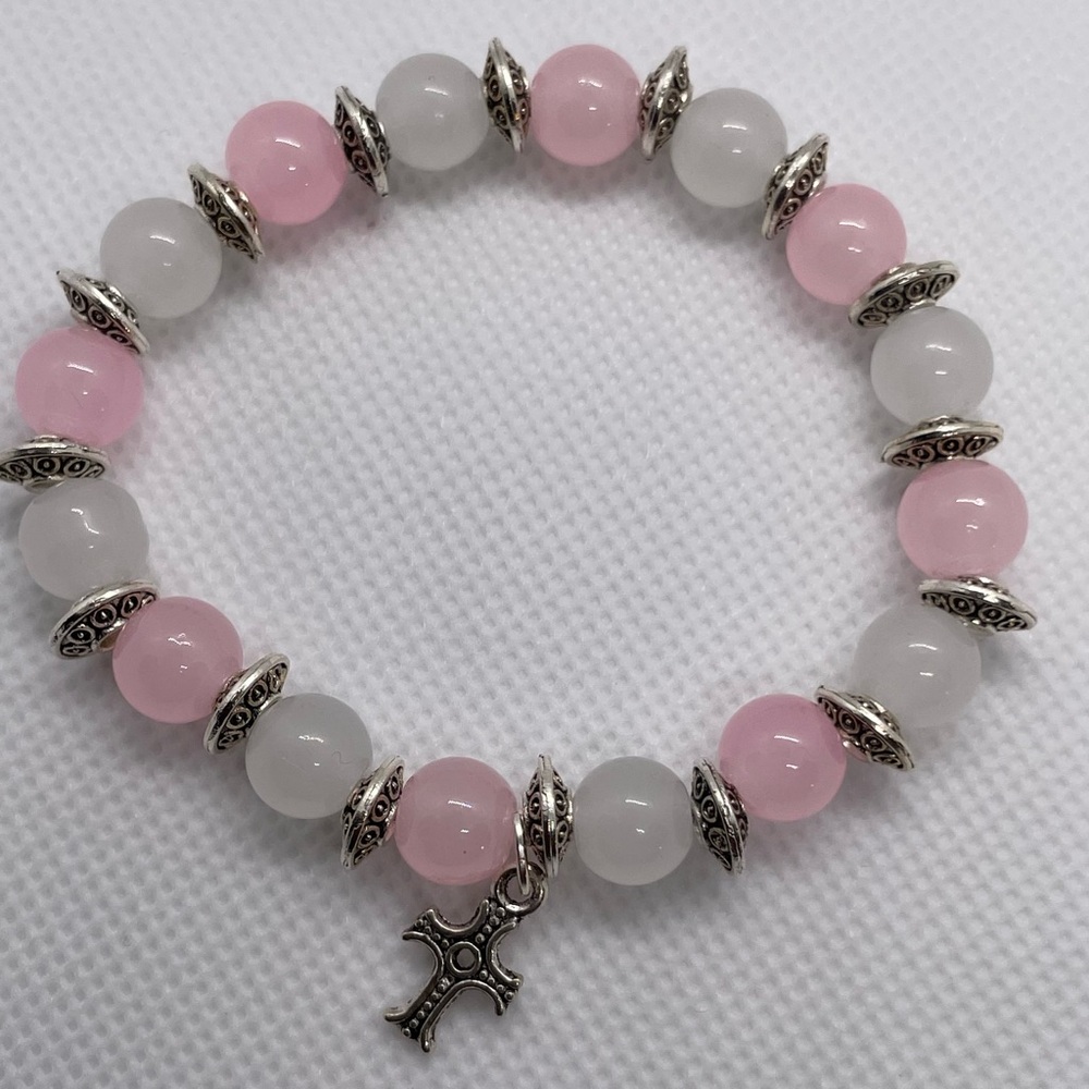 Pink and White Beaded Bracelet with Silver Accents